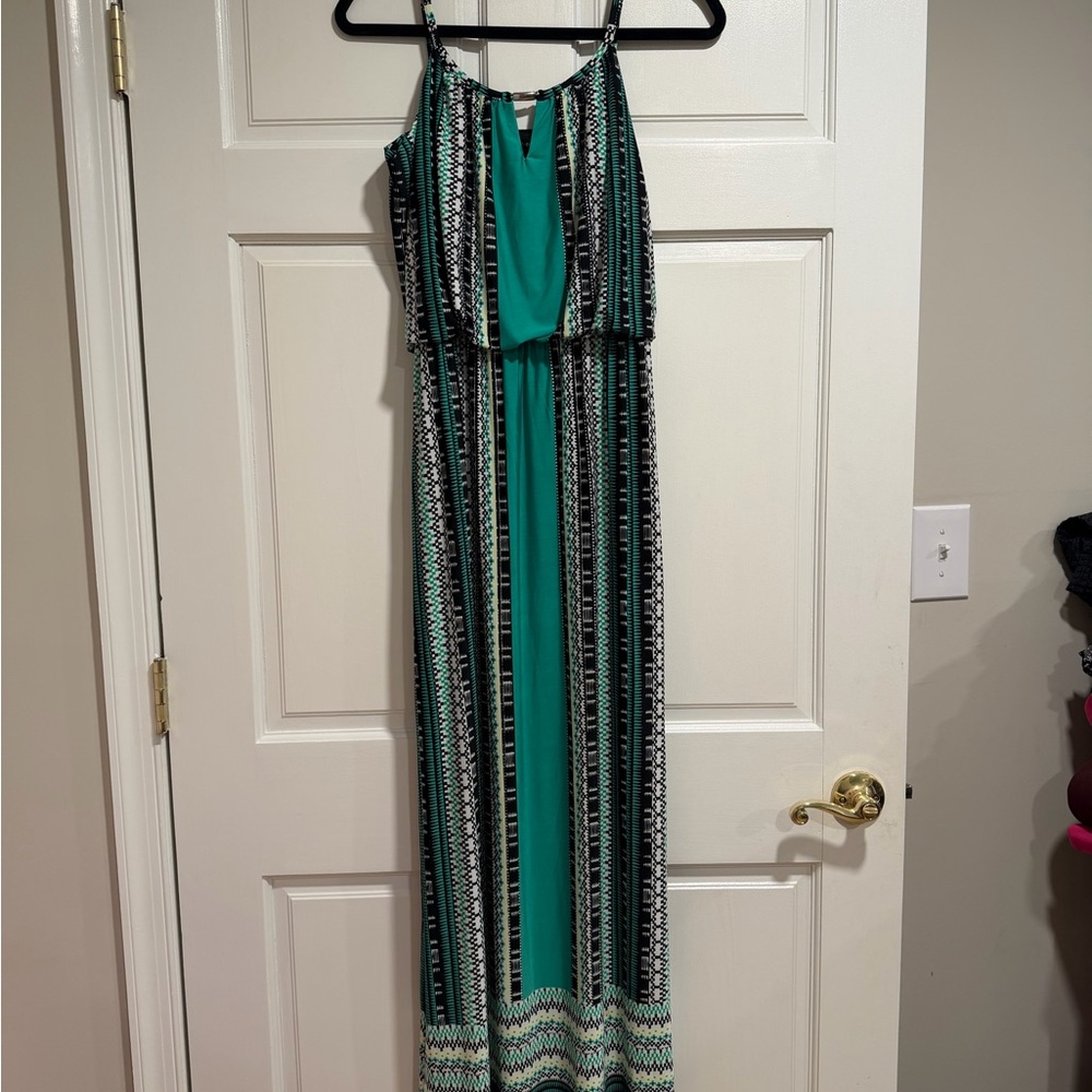 Style & Co. Teal and Black Striped Maxi Dress with Tribal Pattern